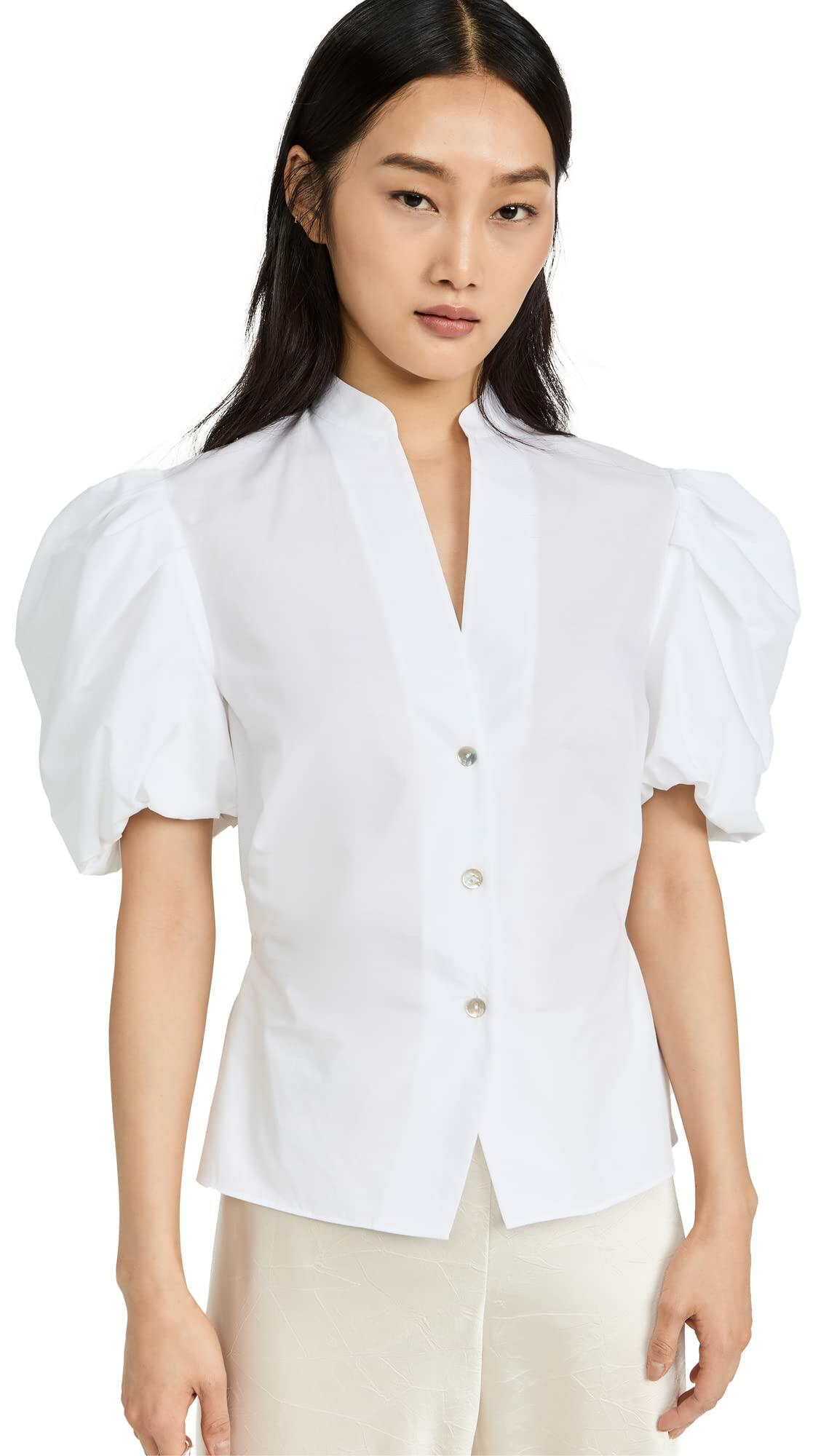 Vince Women's Draped Puff Sleeve Blouse, Optic White, 2