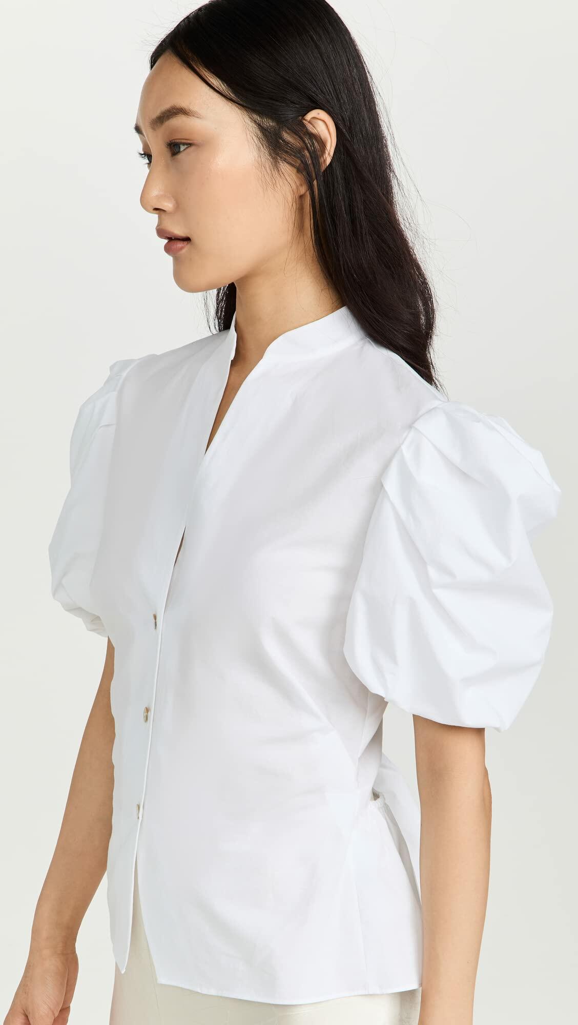 Vince Women's Draped Puff Sleeve Blouse, Optic White, 2