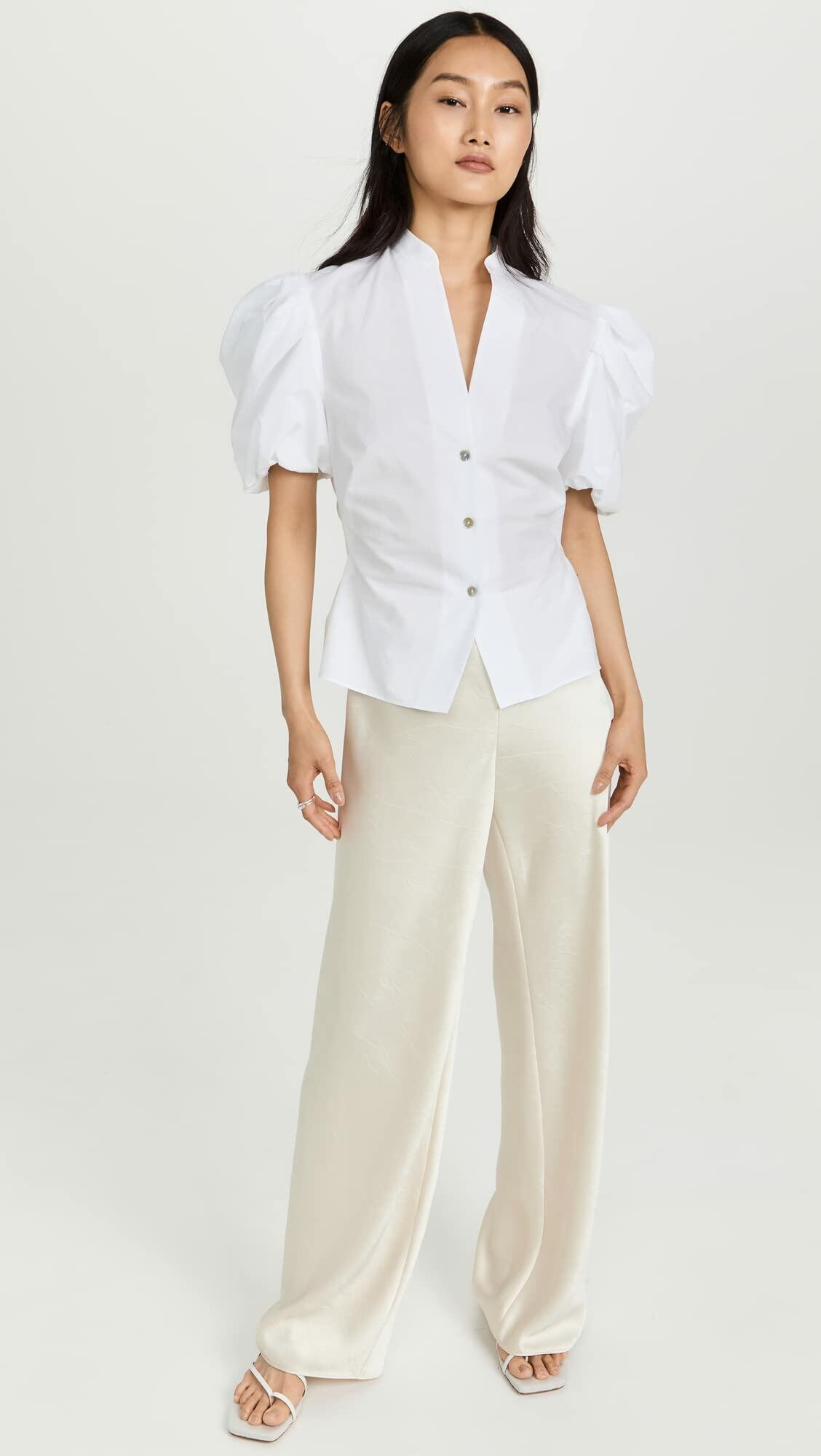 Vince Women's Draped Puff Sleeve Blouse, Optic White, 2
