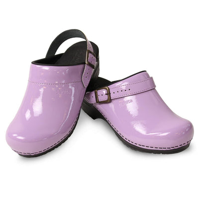 Sanita Estelle Patent Leather Clogs for Women - Arch Support, Open-Back, Adjustable, APMA-Approved Slip-On Mules - Lilac, Womens 5.5-6