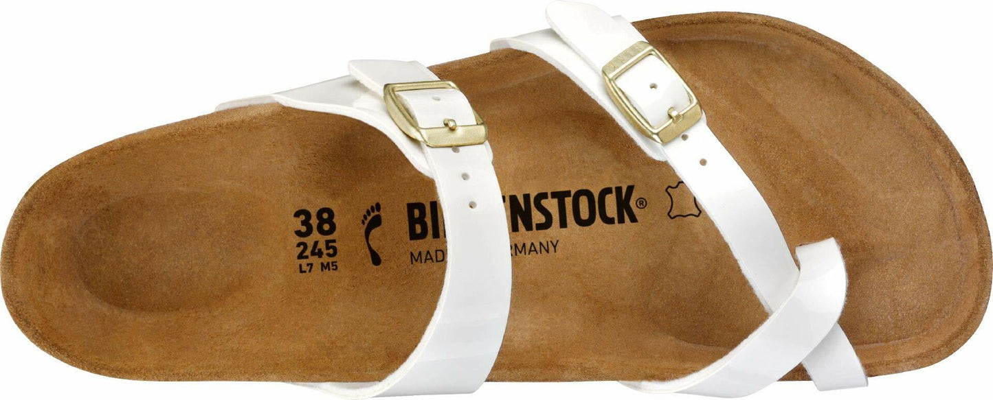 Birkenstock Womens Mayari Strappy Birko-Flor Twin Buckle Patent Sandals - White - US6/EU37