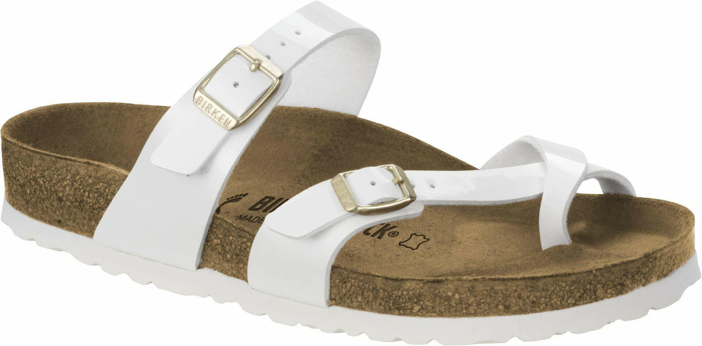 Birkenstock Womens Mayari Strappy Birko-Flor Twin Buckle Patent Sandals - White - US6/EU37