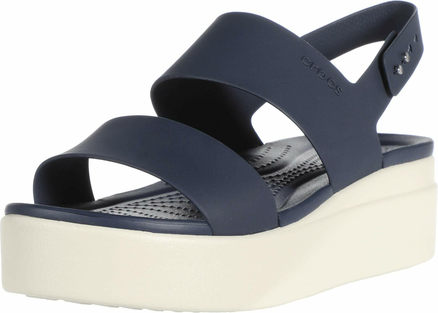 Crocs Brooklyn Low Wedge for Women - Adjustable Buckle Heel Straps with Pushpin Closure, Flexible, and All-Day Wear Navy/Stucco 9 M