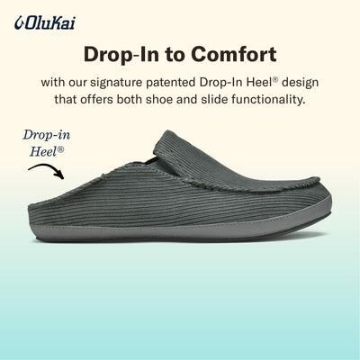 OLUKAI Moloa ‘le Men’s “Eco-Fleece” Slipper, Soft Corduroy Slip On Shoe, Waterproof Leather Foxing, Drop-In Heel Design, Charcoal/Charcoal, 11