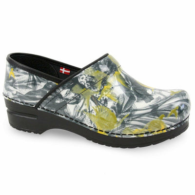 Sanita Women's Patent Leather Botanical Print Flyway Clog, 5.5-6 Yellow-Grey