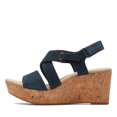Clarks Women's Rose Way Wedge Sandal, Navy Suede, 9 Medium US