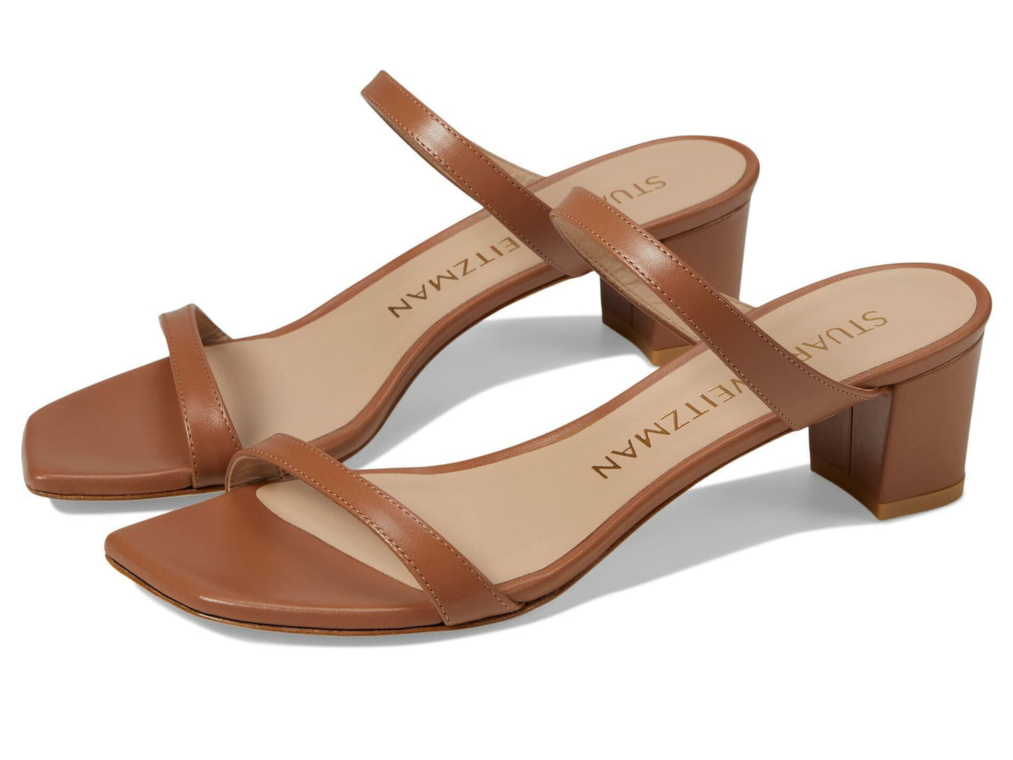 Stuart Weitzman Aleena 50 Block Slide Heels for Women - Leather Upper and Lining, Sleek Straps Design, and Rubber Outsole Tan 8.5 B