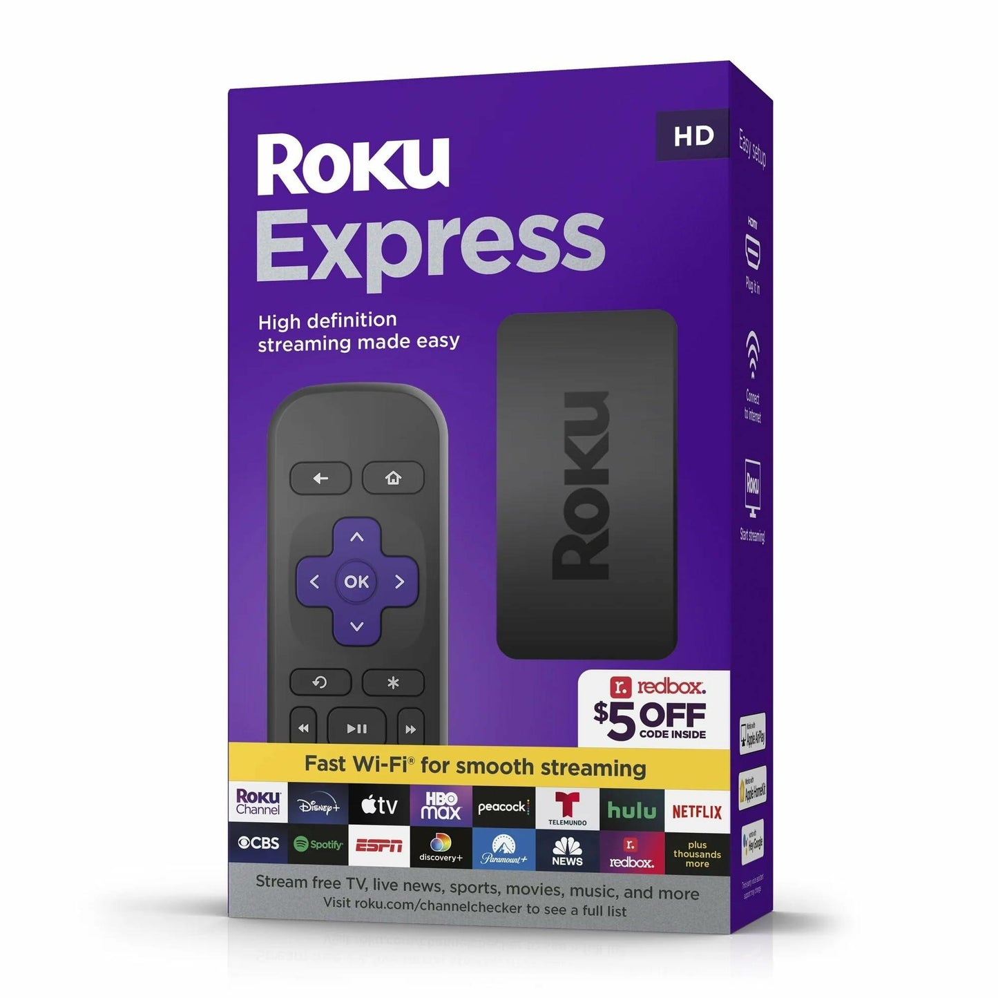 Roku Express (New) HD Streaming Device, with High-Speed HDMI Cable and Simple Remote (no TV Controls), Guided Setup, and Fast Wi-Fi, with MTC HDMI Cable and USB Extension Cord