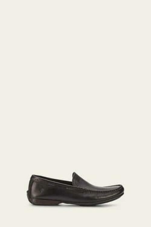 Frye Lewis Venetian Loafers for Men Hand-Crafted with Antique Pull-Up Leather with Moccasin Construction, Full Rubber Outsole, and Modified Heel, Black - Renice - 11.5 M