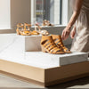 Shoes for Wholesale tan leather caged heeled sandals with open toe and stacked block heel.