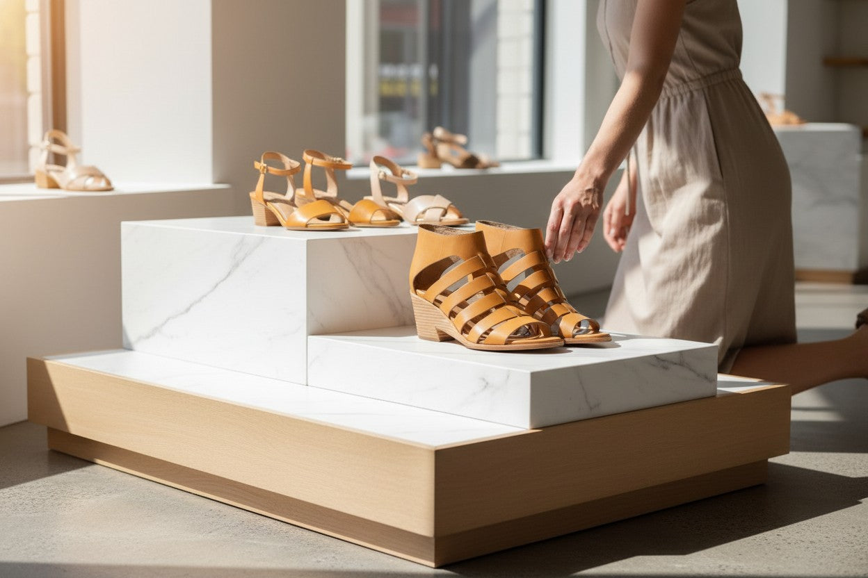 Shoes for Wholesale tan leather caged heeled sandals with open toe and stacked block heel.
