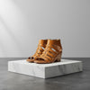 Shoes for Wholesale tan leather caged block heel sandals with open toe and back zipper. Size 9.5 M (B).